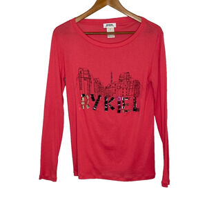 Womens Medium Rykiel Karma Body & Spirit Pink Scoop Neck Graphic Long Sleeve Gem